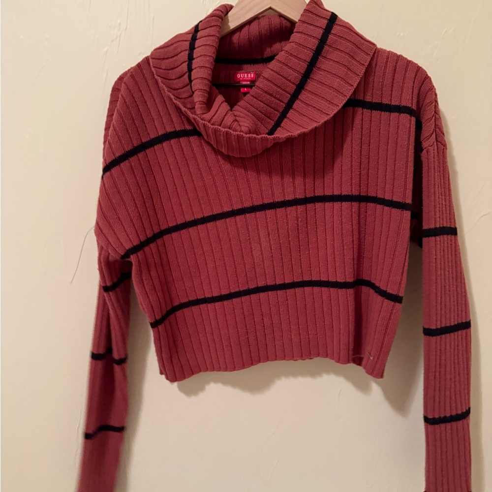 GUESS Rose Pink Ribbed Cropped Cowl Neck Sweater with Black Stripes
